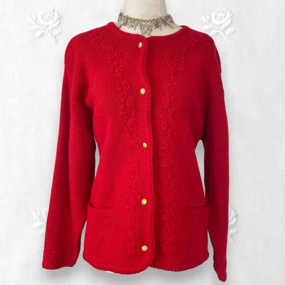 Chunky Vintage Bright Red Flower Floral Embroidered Knit Button Up Cardigan M - Picture 1 of 8